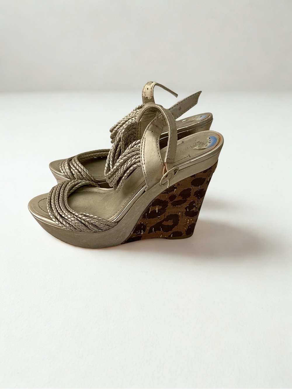 Gianni Bini Metallic Gold Braided Leopard Wedge Sandals